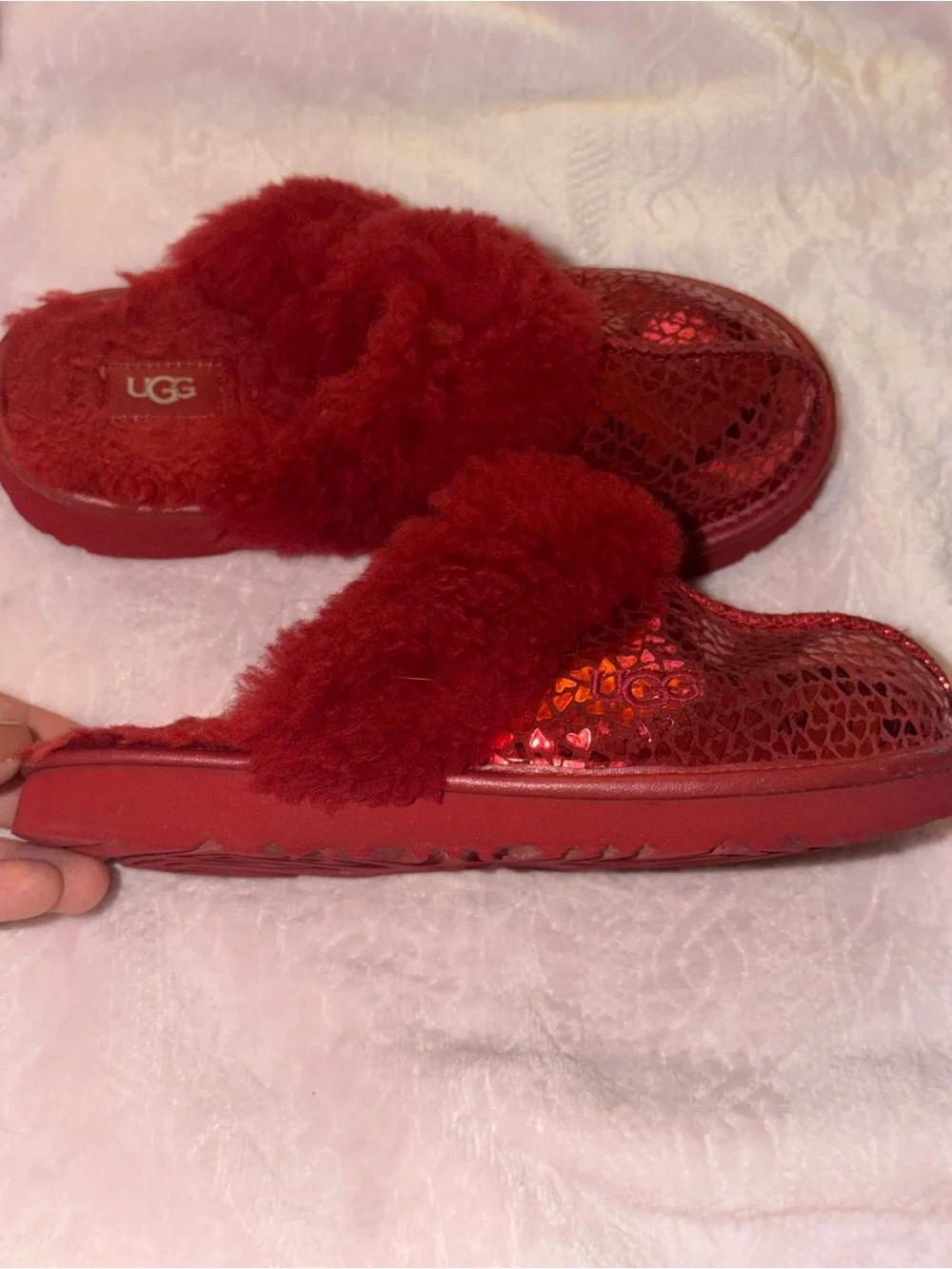Kids UGG Red Metallic Faux-Fur Slide with hearts